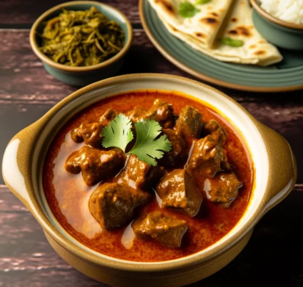 "An appetizing presentation of Classic Beef Curry in a traditional Indian ceramic bowl, featuring tender beef chunks in a vibrant red-brown sauce, garnished with fresh coriander. Accompanied by fluffy basmati rice and crispy naan bread on a dark wood table, highlighting the authentic flavors of Indian cuisine."