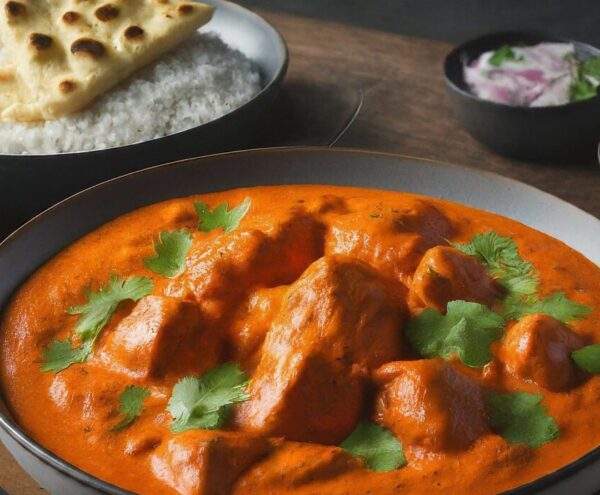 "A dish of Buffalo's best Butter Chicken, featuring tender chicken in a creamy, spiced tomato sauce, representing the finest in halal Indian cuisine."