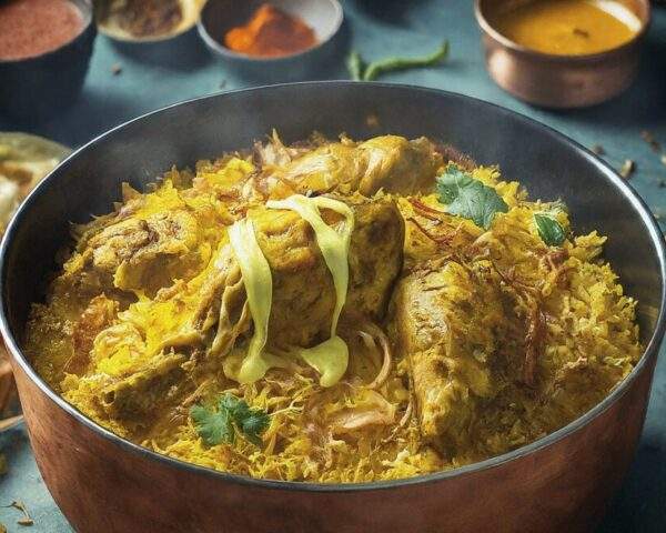 "Steaming plate of Chicken Biryani, garnished with fresh herbs and caramelized onions, showcasing the rich and aromatic flavors of Indian cuisine."