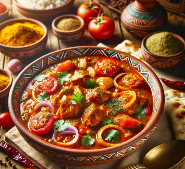 "A vibrant image showcasing a traditional Indian Chicken Curry, served in a decorative terracotta bowl on a rustic wooden table. The curry is rich with pieces of tender chicken, tomatoes, and onions, garnished with fresh cilantro. Surrounding the main dish are small bowls of steamed rice, naan bread, and a variety of spices, embodying the warm and inviting atmosphere of an Indian kitchen."
