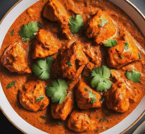 "Bowl of Chicken Tikka Masala with creamy tomato sauce, garnished with herbs, showcasing the richness of halal Indian cuisine."