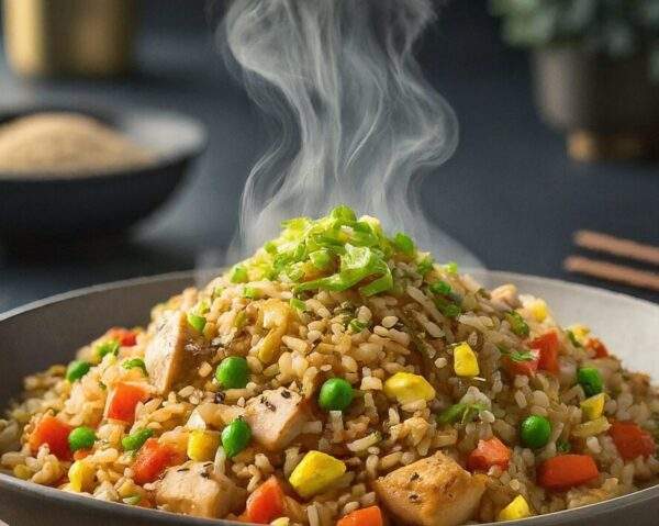 "Plate of Hibachi Style Fried Rice, richly flavored with soy sauce and sesame oil, mixed with vegetables, eggs, and halal protein, embodying the essence of Japanese teppanyaki cooking."