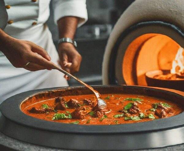 "Bowl of Lamb Tikka Masala with tender pieces in a rich, creamy sauce, showcasing the exquisite flavors of halal Indian cuisine."