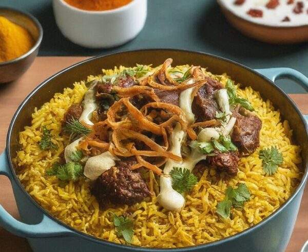 "Platter of Lamb Biryani, showcasing succulent lamb pieces amidst aromatic basmati rice, garnished with mint and fried onions, embodying rich Indian flavors."