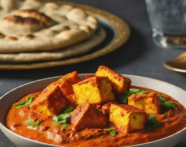 "Bowl of Paneer Tikka Masala with grilled paneer cubes in a vibrant, spiced tomato cream sauce, embodying vegetarian Indian cuisine."