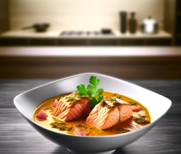 "A gourmet presentation of Savory Salmon Curry, featuring pink salmon fillets in a creamy orange curry sauce, garnished with fresh cilantro. Served in a white ceramic bowl on a dark wood table, the dish combines traditional spices with contemporary elegance, appealing to modern culinary tastes."