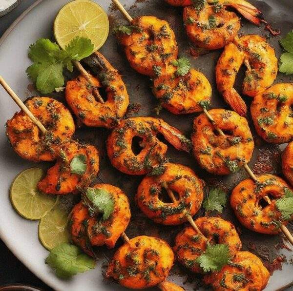 "Grilled Shrimp Tandoori served with cucumber raita, showcasing vibrant spices and charred perfection, in line with halal standards."