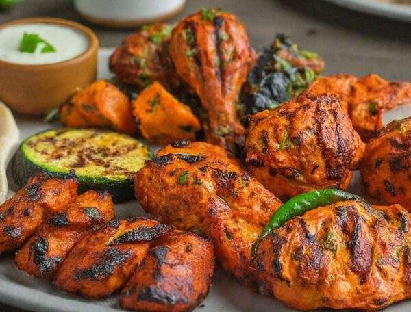 "A platter of Tandoori Mix Grill featuring marinated, grilled chicken, lamb, and shrimp, showcasing the best of halal Indian grilling traditions."