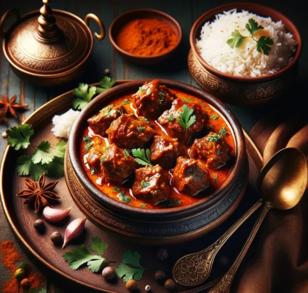"A sumptuous serving of Royal Indian Lamb Curry, featuring tender pieces of lamb immersed in a thick, spicy, and aromatic sauce, garnished with fresh herbs. The dish is presented in an elegant traditional bowl, symbolizing the rich and authentic flavors of Indian cuisine."